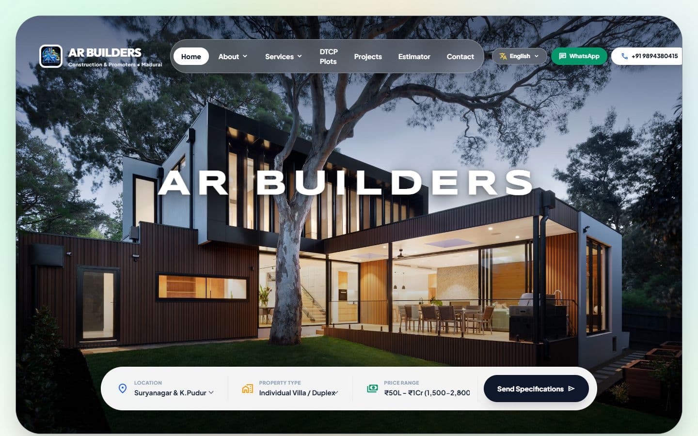 Live website homepage built for AR Builders